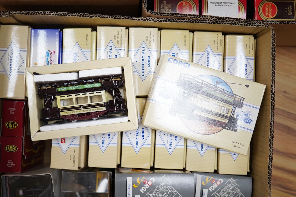 Sixty boxed diecast vehicles by Corgi Classics, Matchbox Models of Yesteryear, etc. including a large number of trams and other public transport vehicles, operators include; LCC, Plymouth, Blackpool, Belfast, Cardiff, et